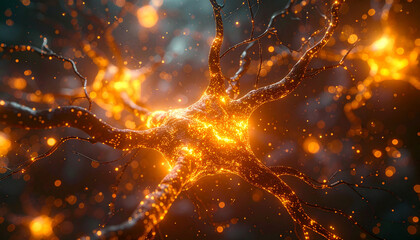 Conceptual digital composition of glowing neuron branches with golden light effects creating warm and intricate abstract background