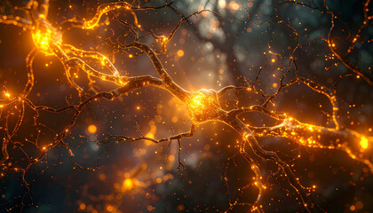 Conceptual digital composition of glowing neuron branches with golden light effects creating warm and intricate abstract background