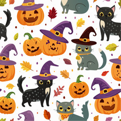 Halloween Cat and Pumpkin Pattern: A vibrant, repeat pattern with spooky elements of Halloween, featuring friendly cats wearing witch hats and smiling pumpkins.