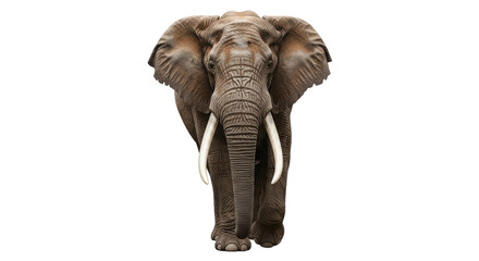 Isolated majestic African elephant facing forward with tusks, impressive wildlife, nature