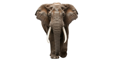 Isolated majestic African elephant facing forward with tusks, impressive wildlife, nature