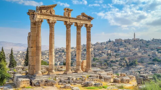 Temple of Hercules in Amman Jordan: Majestic Ruins with Cityscape View Background