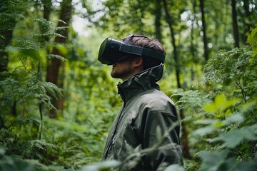 Obraz premium Man using virtual reality headset in a dense forest during a calm afternoon