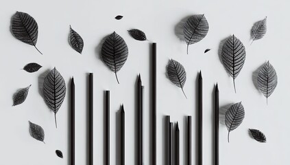 Black pencils and leaves on a white background