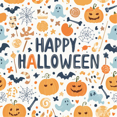 Obraz premium Festive Halloween Pattern: An illustrated and vibrant composition perfect for autumn with spooky pumpkins, friendly ghosts, bats, spiders and candy. conveying the playful essence of the season.