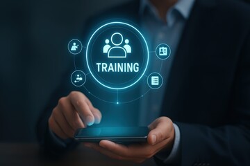 Business professional uses a mobile phone to access a digital interface labeled "TRAINING," illustrating concepts like teamwork, learning, and development with glowing blue graphics and a shallow...