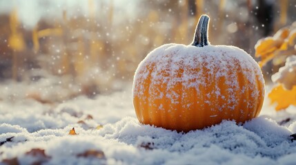 Vibrant orange pumpkin covered in fresh snow sits on a snowy ground, surrounded by fallen leaves and a blurred autumn background, capturing the essence of seasonal change