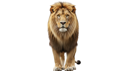 Isolated male lion stands alert, proud big cat with majestic mane looks toward the viewer