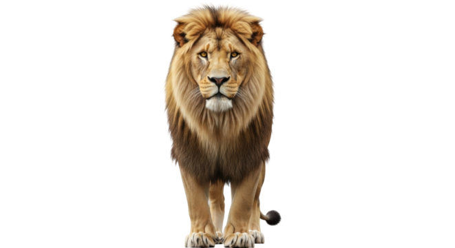 Isolated male lion stands alert, proud big cat with majestic mane looks toward the viewer