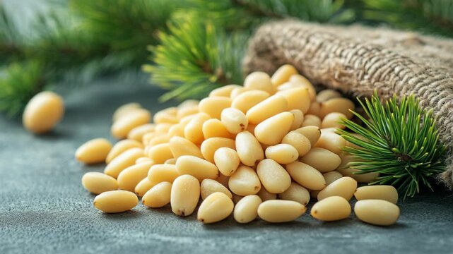 Selective focus. A handful of pine nuts with a cedar branch in the background.