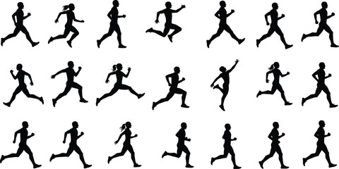Running silhouettes of men and women, athletic motion poses, jogging and sprinting shadow figures, fitness workout illustration, active lifestyle concept, black runners isolated