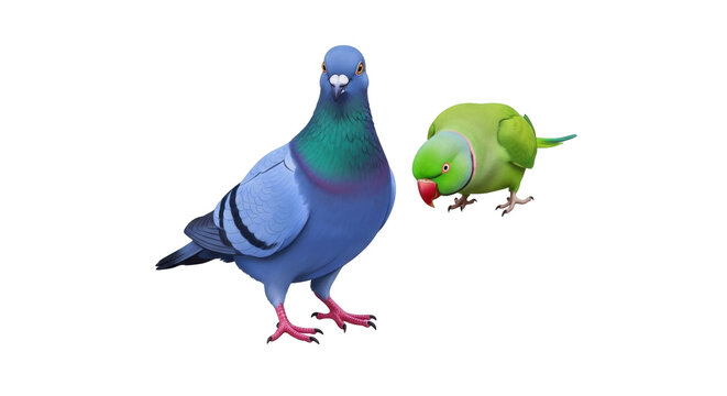 Isolated Pigeon and a Rose-Ringed Parakeet Standing Together, Cute Exotic and Domestic Birds