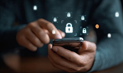 Hands holding a phone with security lock icons overlayed