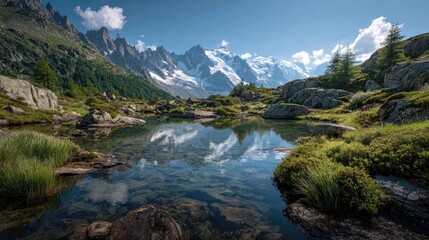 Fototapeta premium Serene alpine lake reflecting majestic peaks. Clear, calm water mirrors a vibrant mountain landscape. Rocky shoreline, lush vegetation, and a crisp blue sky with puffy clouds