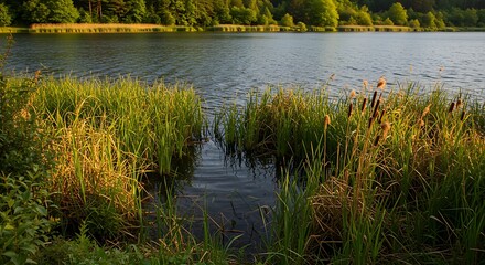 Scenic lake landscape with lush green vegetation under soft daylight