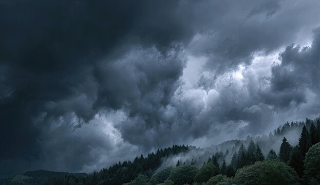 Dramatic storm clouds gather over a misty forest