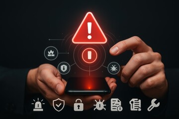 Person's hands holding a smartphone with digital icons depicting a warning, signifying potential threats and issues of internet security, data breaches, and malware alerts over a dark background.