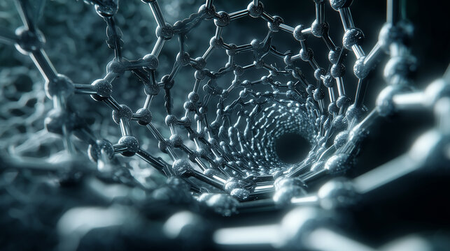 Futuristic 3D illustration of carbon nanotube structure representing nanotechnology and molecular science

