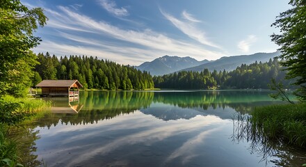 Scenic lakeside landscape featuring a wooden cabin and mountain range under a blue sky