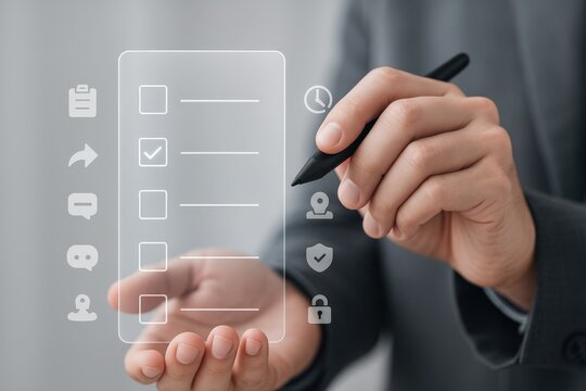 A businessperson uses a digital stylus to interact with a checklist displayed on a transparent digital interface, symbolizing task completion and progress tracking against a blurred, soft gray...