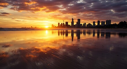Fototapeta premium City sunset beach reflection