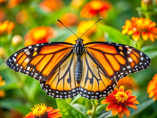 Fototapeta premium Monarch butterfly with orange and black wings rests on a flower in a garden