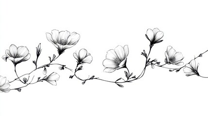 Delicate Floral Flourish: An intricate monochrome illustration portrays a winding vine adorned with exquisite blossoms, celebrating the beauty of nature's art with elegant simplicity.