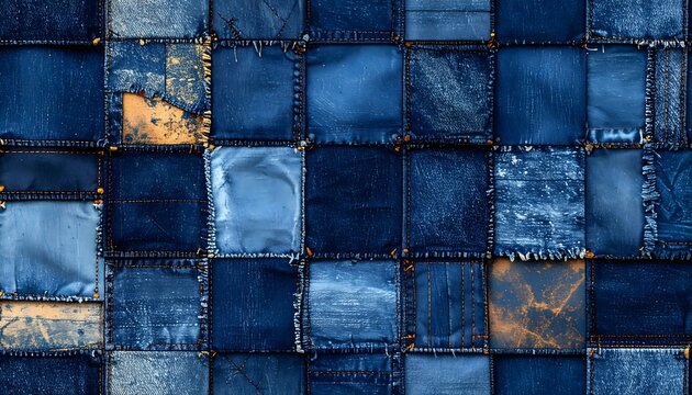 Blue Denim Patchwork Texture Background, Stitched Jeans Fabric Squares