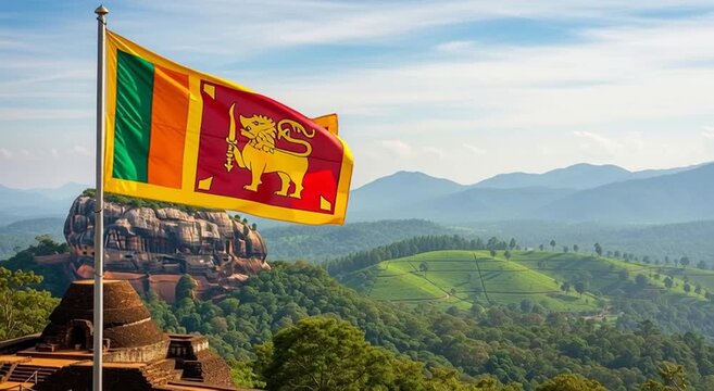Sri lanka flag waves over sigiriya rock fortress and mountain range