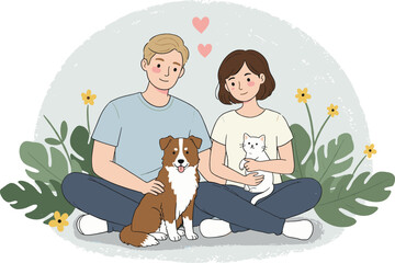 Boy and girl playing with dog cartoon illustration