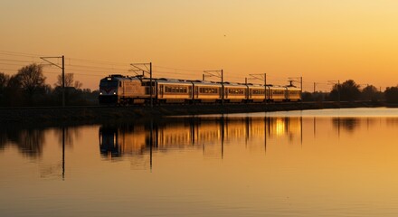 Train at sunset travels along reflective water surface with silhouetted trees and orange sky