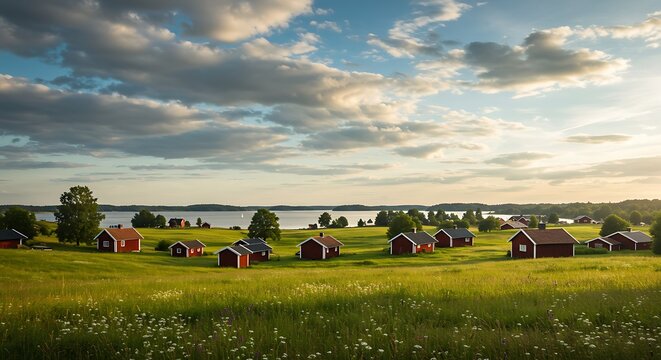 Scenic landscape of red houses on a green field under a cloudy sky