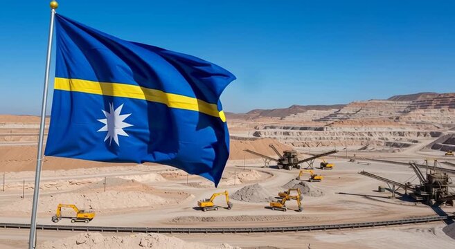 Flag of nauru waving over a mining operation on a clear sunny day