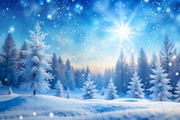 Fototapeta premium Snowy Forest Landscape with Bright Starry Sky winter