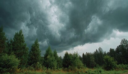 Storm clouds gather over a pine forest