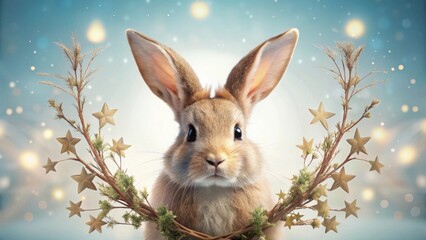 A sweet bunny framed by decorative branches adorned with golden stars against a soft, dreamy background