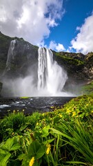 Obraz premium Majestic waterfall cascading down a mountainside, surrounded by vibrant greenery and wildflowers