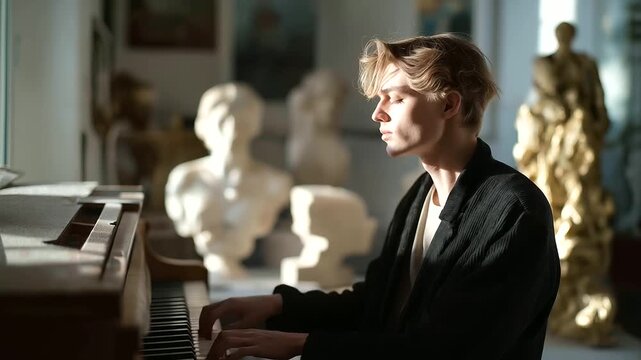 young artist at piano in art studio surrounded by sculptures creative cross discipline inspiration three quarter wide angle cinematic color correction gentle backlight clean neg