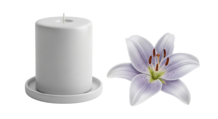 Isolated Elegant Arrangement Featuring a White Candle and Delicate Lily Flower, Soft Light