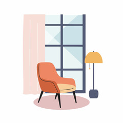 Modern armchair with lamp and curtains beside window in daylight  