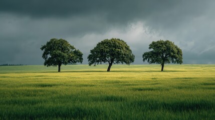 Serene Landscape With Three Trees Under Dramatic Cloudy Skies