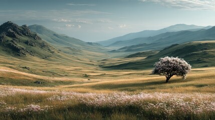 Serene Mountain Landscape with Flowering Tree in Vast Meadow Scene