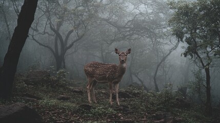 Fototapeta premium Misty forest scene featuring a deer