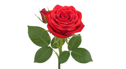 Fototapeta premium Isolated red rose blossom with stem and leaves, flowering plant, nature, garden beauty