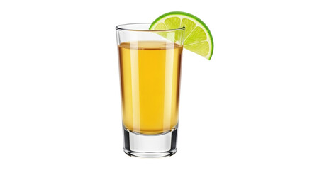 Isolated shot glass of tequila with fresh lime slice, drink, refreshing alcoholic beverage