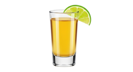 Isolated shot glass of tequila with fresh lime slice, drink, refreshing alcoholic beverage