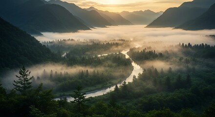 Scenic misty mountain valley with river sunlight and trees landscape