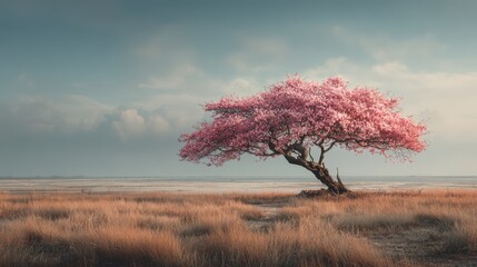 Serene Pink Blossom Tree in a Calm Landscape at Dusk