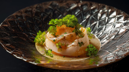 Gourmet Seafood Dish with Delicate Fish, Herb Garnish, and Light Sauce Served in a Textured Dark Bowl
