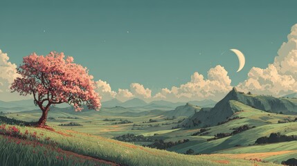 Serene Landscape with Cherry Blossom Tree and Crescent Moon Sky